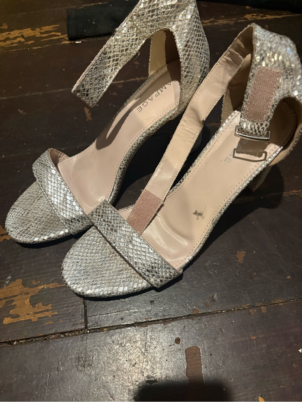 Rampage Metallic Silver Snakeskin Block Heel Sandals